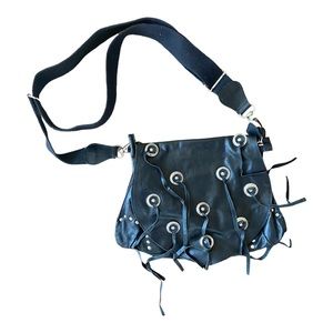 Black Leather Handbag with Conchos and Fringe